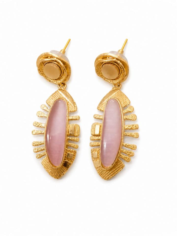 Matte Gold-Plated Tribal Leaf Drop Earrings with Pink Stone Accents