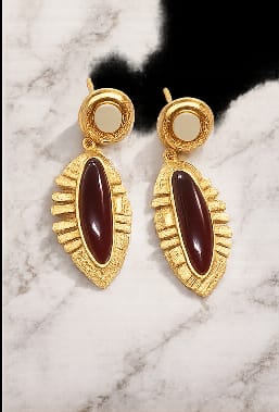 Matte Gold-Plated Tribal Leaf Drop Earrings with Maroon Oval Stone