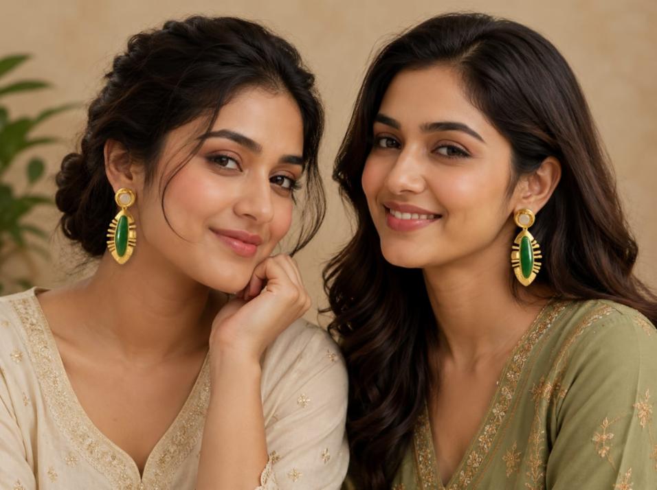 Matte Gold-Plated Tribal Leaf Drop Earrings with Emerald Green Accents