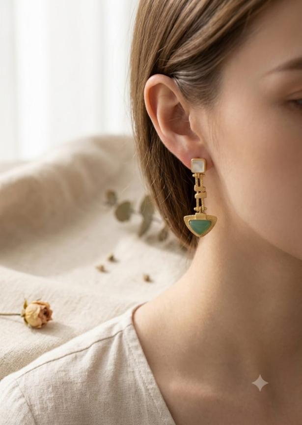 Matte Gold-Plated Drop Earrings with Mint Green