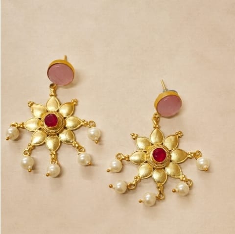 Matte Gold-Plated Floral Starburst Drop Earrings with Pink Studs, Ruby Centers & Hanging Pearls