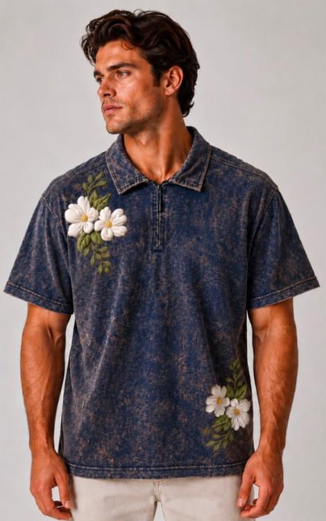 Floral Printed Drop Shoulder Polo T-shirt