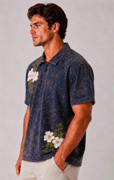 Floral Printed Drop Shoulder Polo T-shirt 