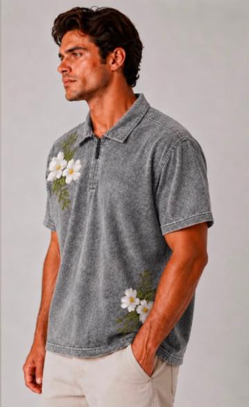 Floral Printed Drop Shoulder Polo T-shirt 