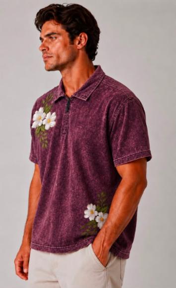 Floral Printed Drop Shoulder Polo T-shirt