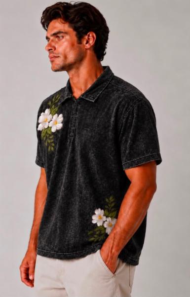 Floral Printed Drop Shoulder Polo T-shirt