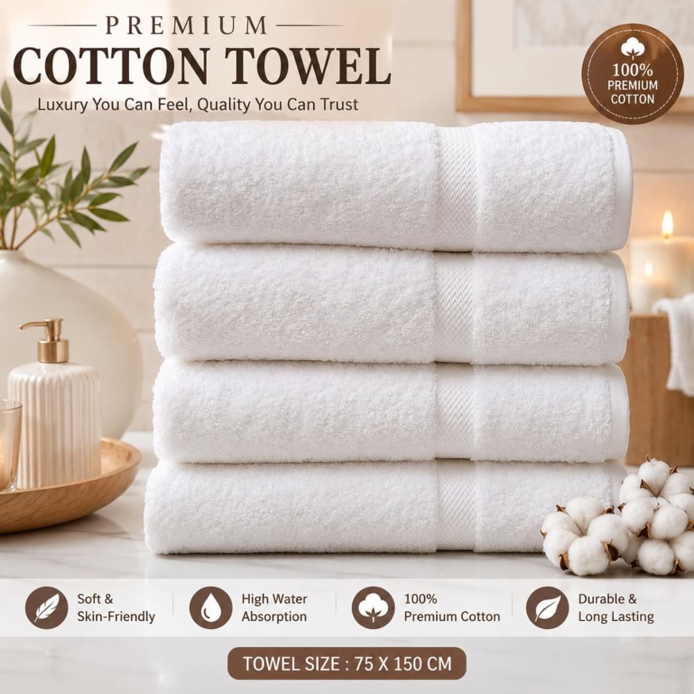 Premium White Cotton Bath Towel | Soft, Super Absorbent | Hotel Quality | 75 Ã 150 cm