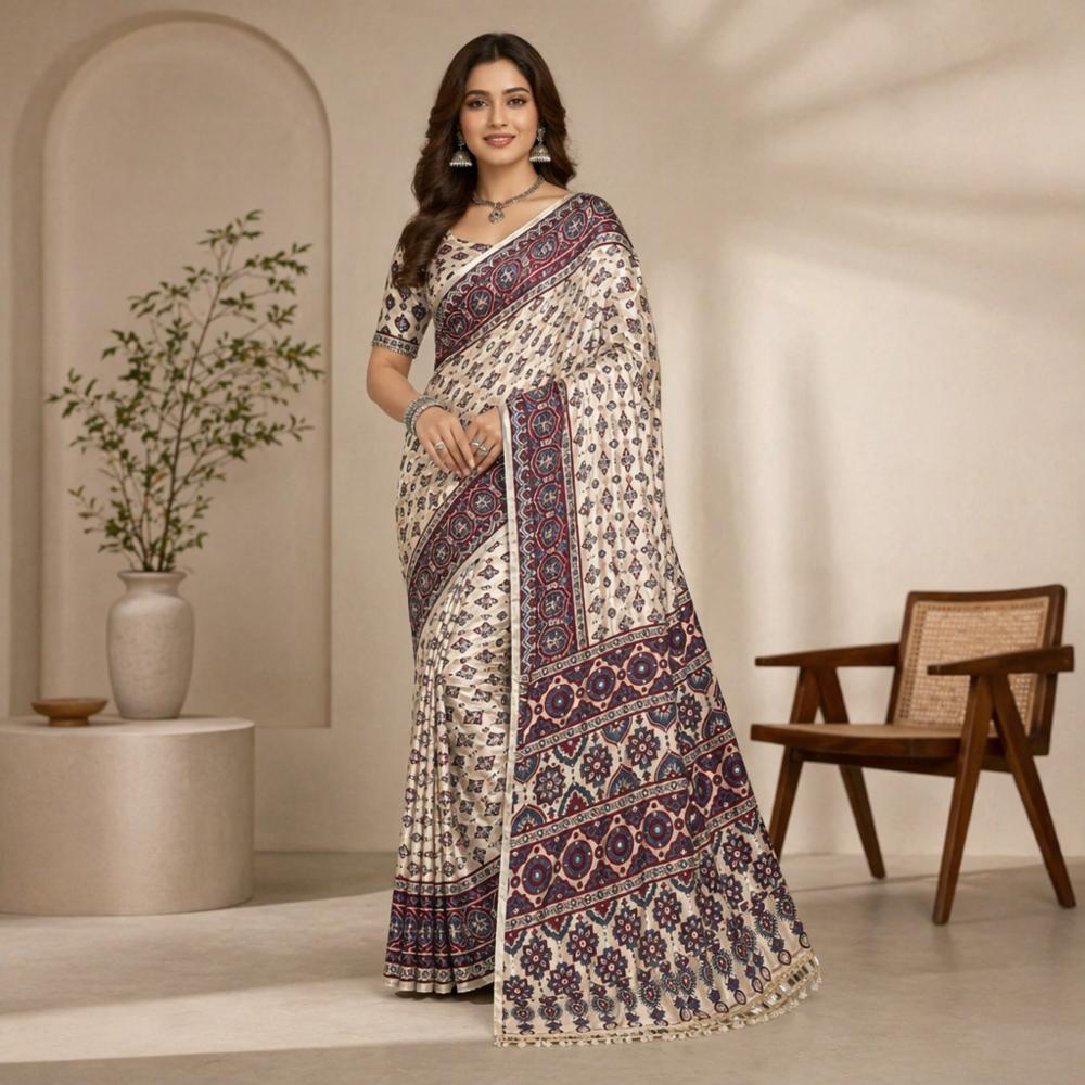 Premium Pure Arjakh Satin Viscose Silk Saree with Mirror Work