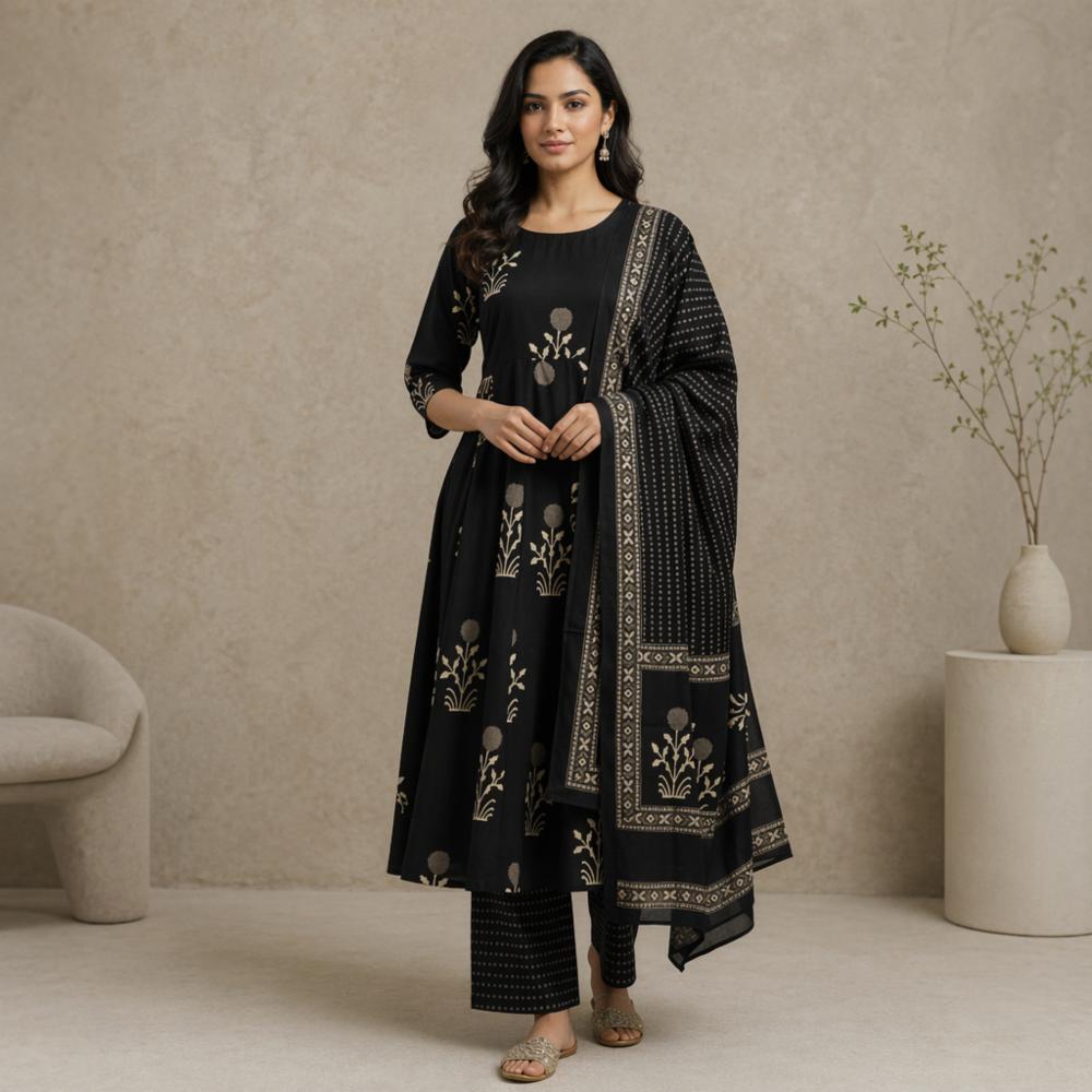 Women Pure Cotton Printed Anarkali Kurta Set with Pant and Dupatta!