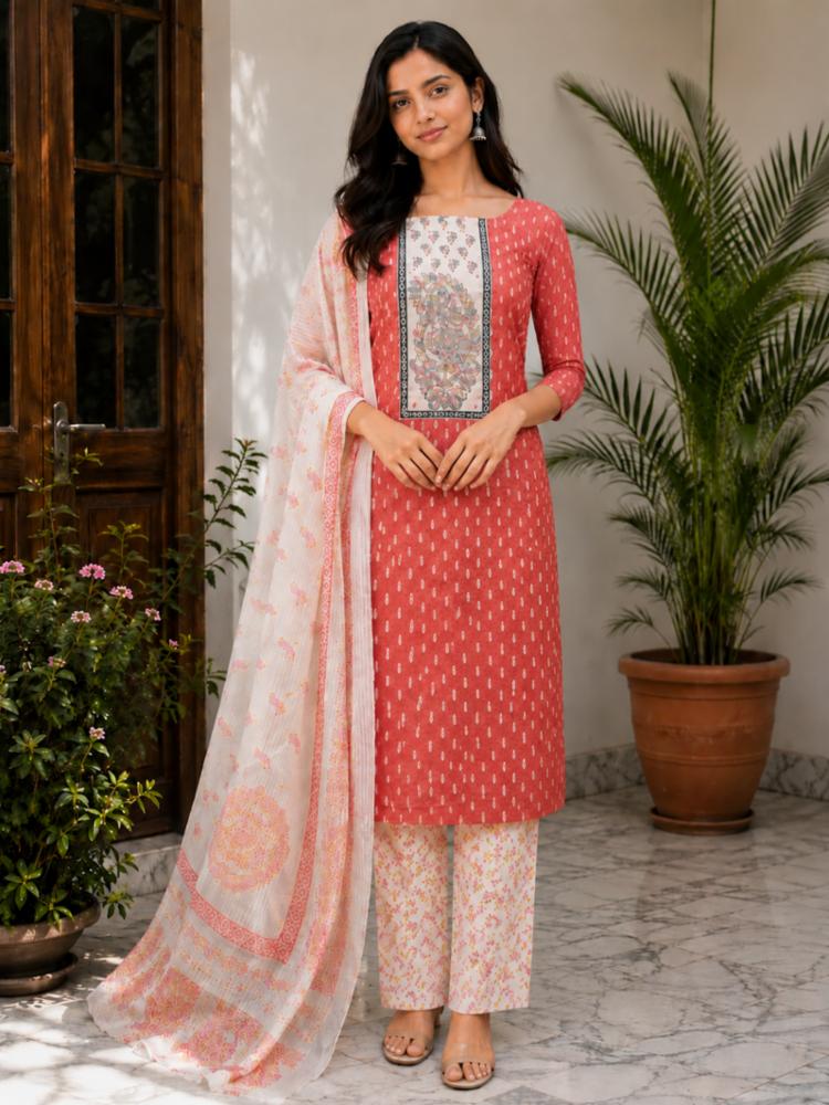 Pure Cotton Unstitched Suit with Neckpanel & Dupatta