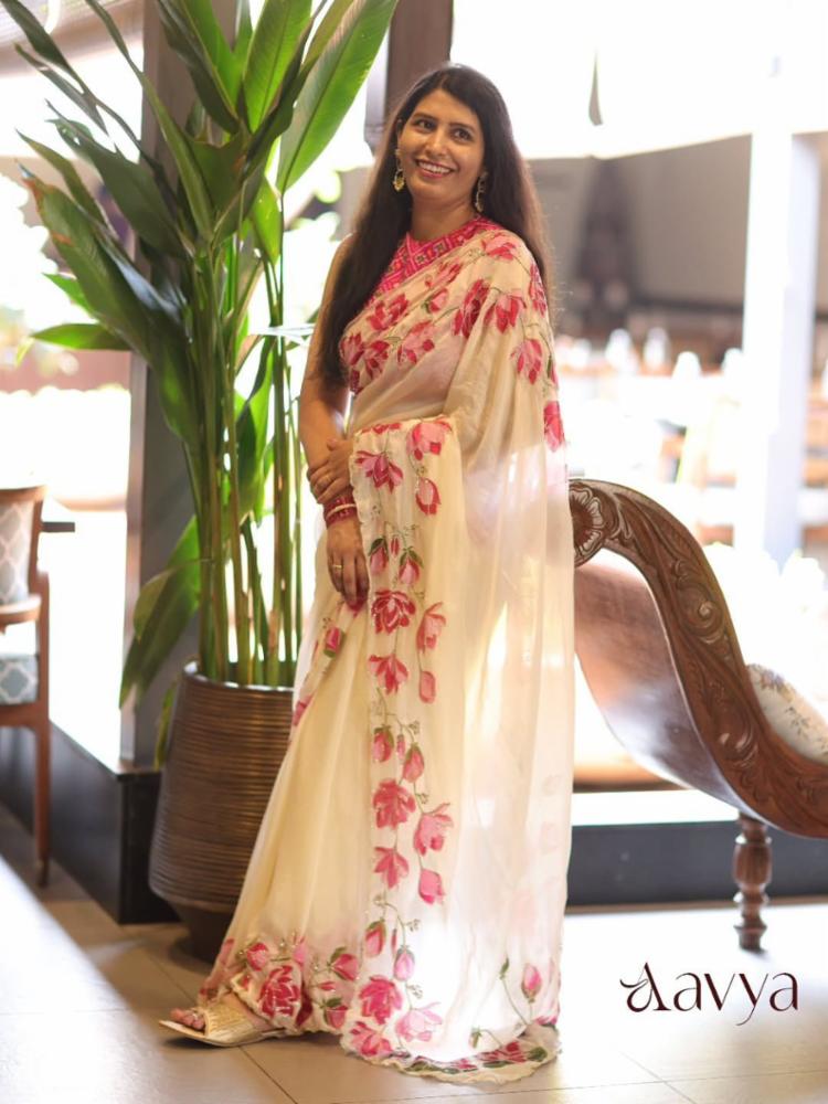 Soft Tebby Silk Digital Floral Print Saree with Katdana Handwork and Tebby Silk Blouse