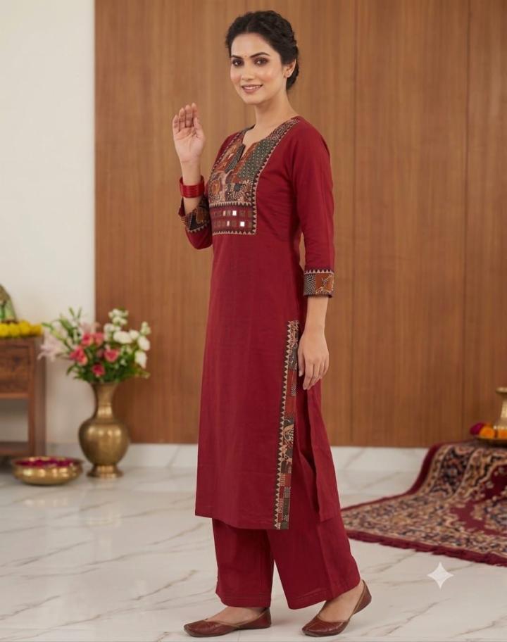 Pure Cotton Red Kurta Plazo Set with Mirror Work and Ajrak Print Neck