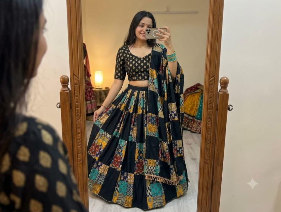 Stitched Cotton Lehenga Choli with Mirror Work, Stitched Blouse & Dupatta