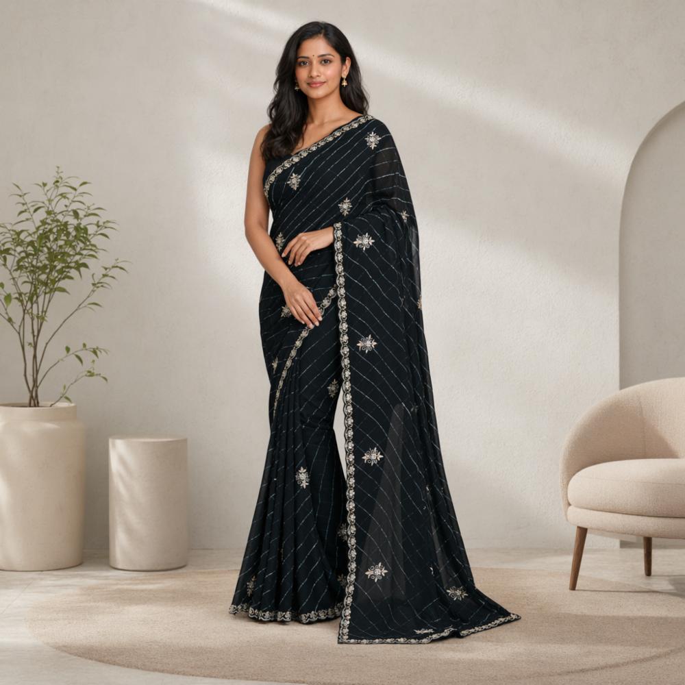 Half Pure Shiffon Lahriya Handwork Saree with Cutwork Border and Running Blouse
