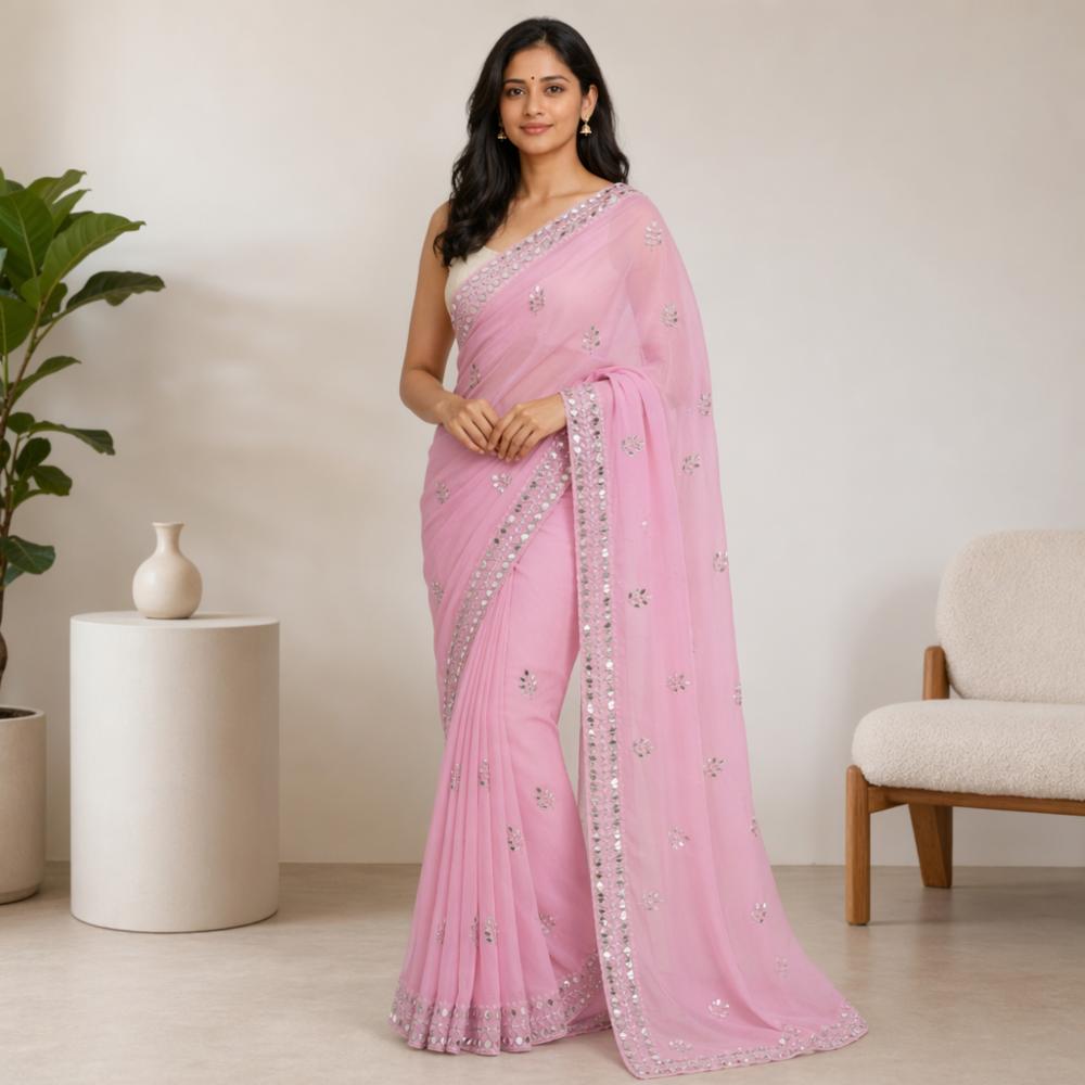 Royal Georgette Fabric Saree with Handwork Cutwork Border