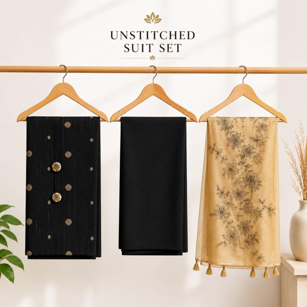 Premium Black Self  Design Cotton Unstitched Suits Fabric With Embroidery dupatta 