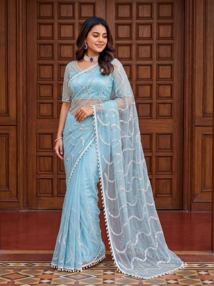 Pure Soft Net Saree with Beads Work and Fancy Moti Lace Border