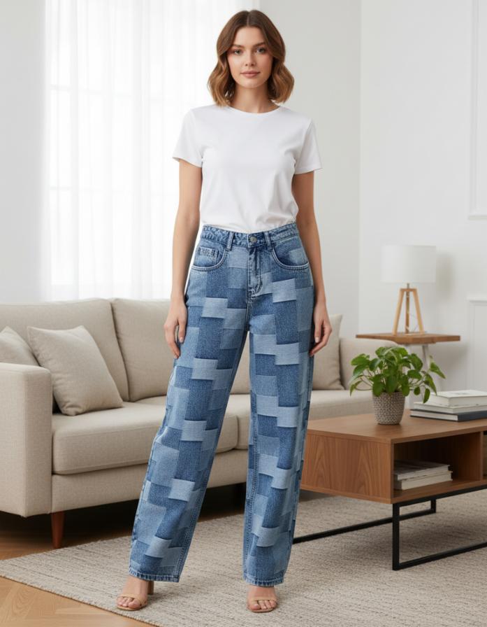 Women's High-Waist Wide Leg Banana Jeans – Blue Patchwork Print Denim