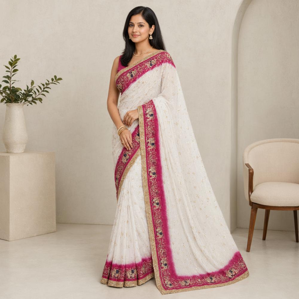 White Georgette Saree with Rajwadi Sequence Pallu and Less Border