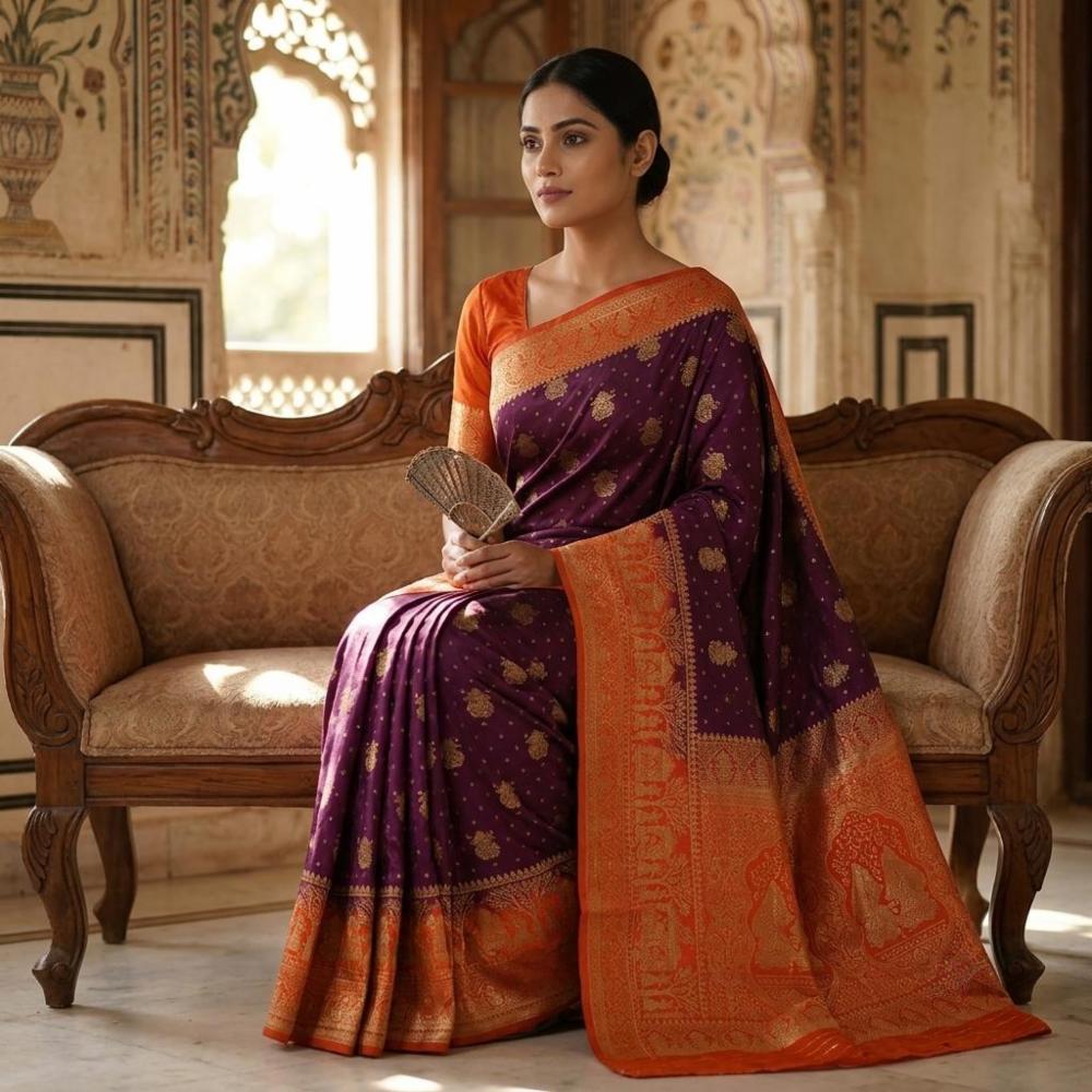Pashmina Dola Silk Saree With Madhubani Print And Stone Work