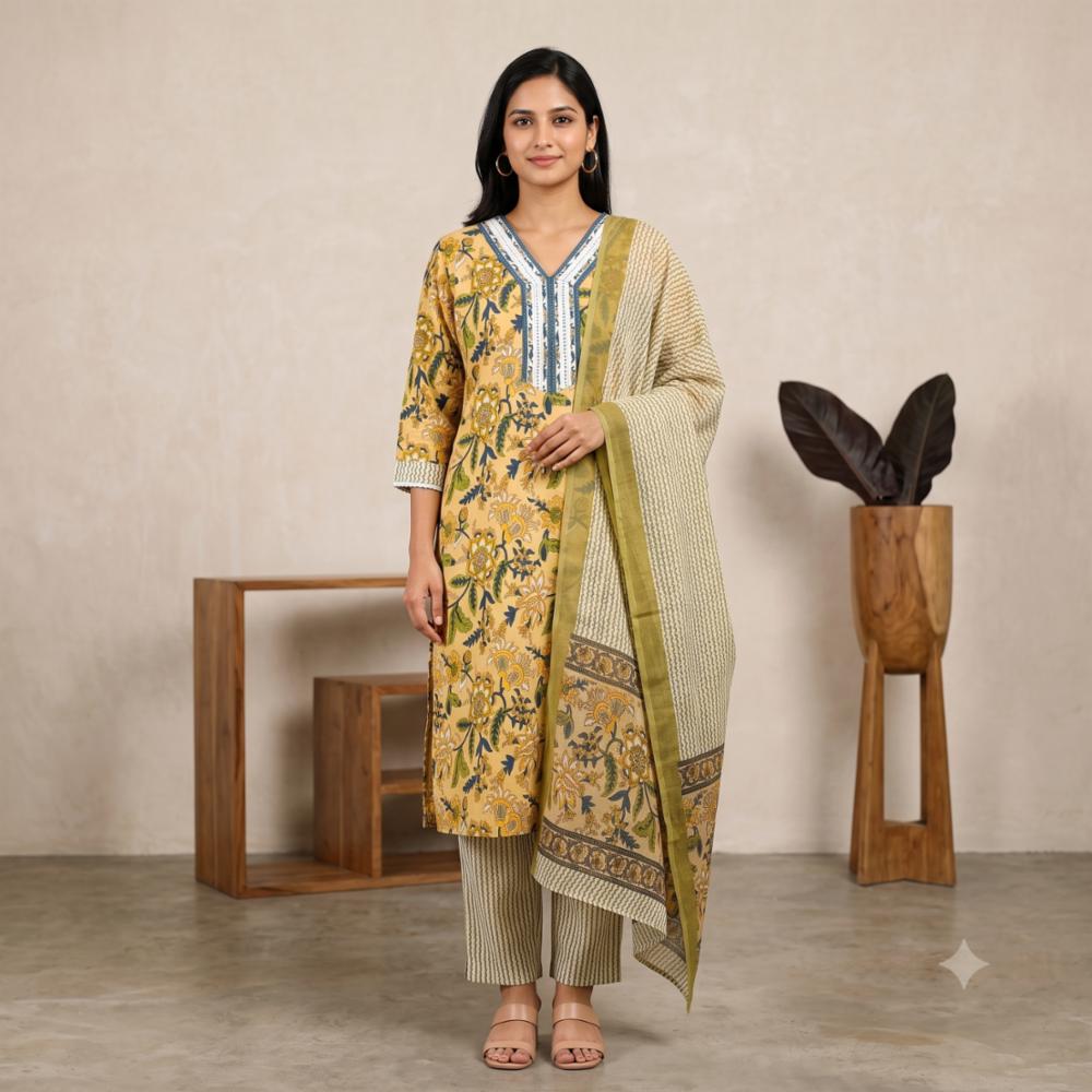 Women Cotton Printed Kurta with Pant and Dupatta