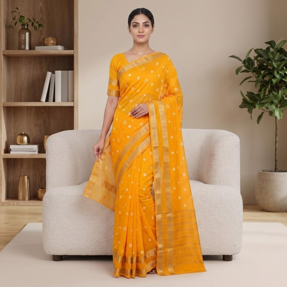 Bandhani Print Saree with Dual Zari Border 