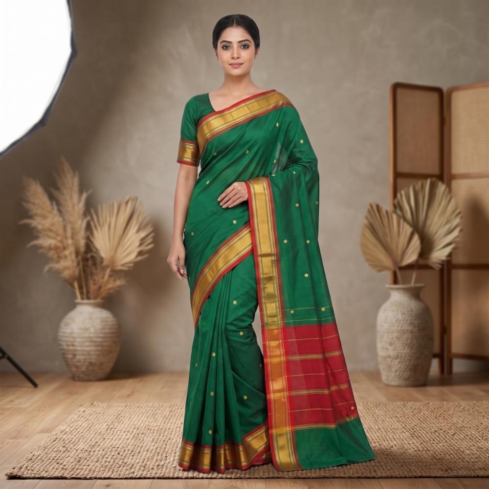 Panna Silk Blend Saree with Gold Zari Buttis and Contrast Pallu