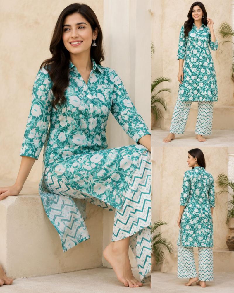 Women's Printed Cotton Kurti Pant Set | Floral Co-Ord Set