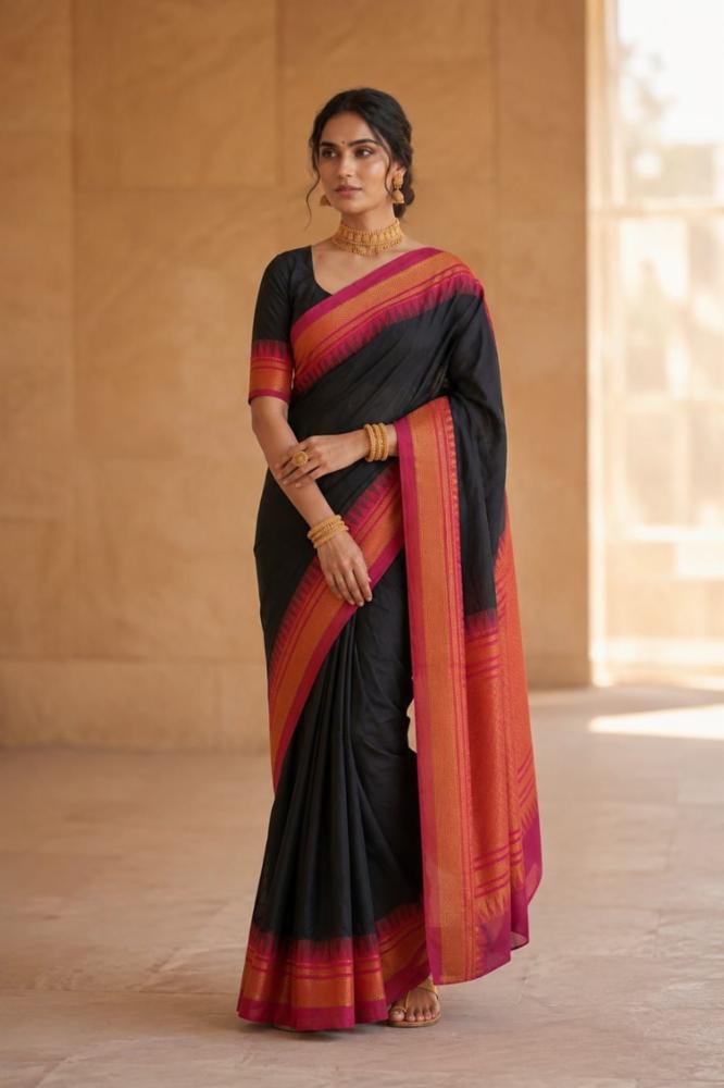 Women's Gadhwal Silk Cotton Blend Saree with Contrast Border & Running Blouse Piece
