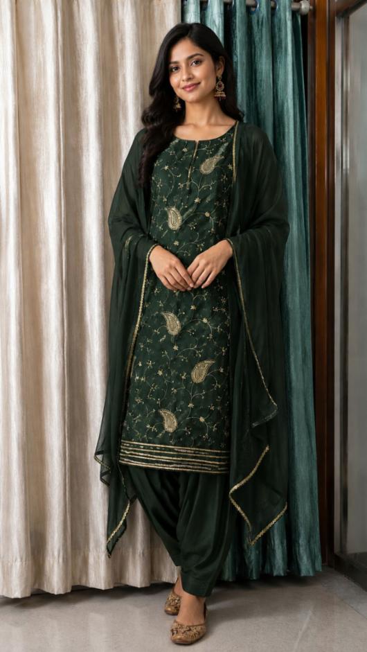 Satin Silk Embroidery Unstitched Suit with Chiffon Dupatta