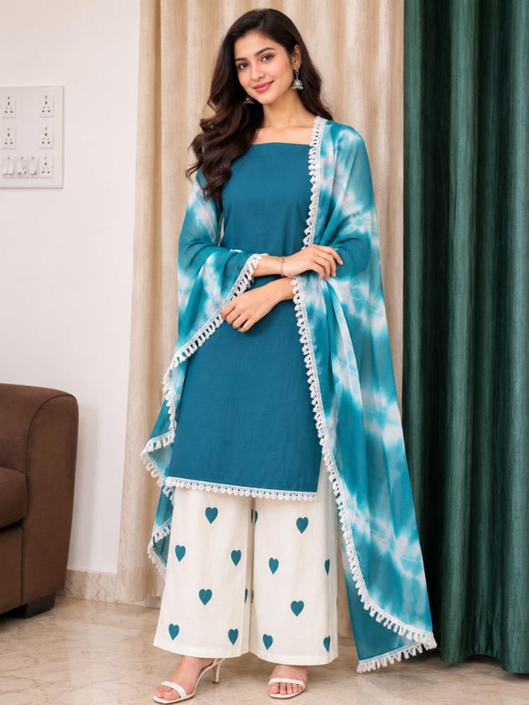 Cotton Unstitched Suit with Plain Shirt, Embroidered Bottom & Chiffon Dupatta