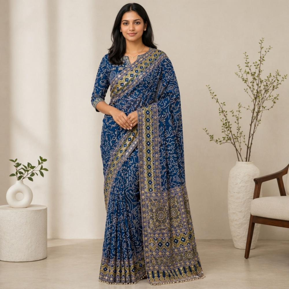 Pure Satin Silk Mirror Work Saree with Printed Blouse