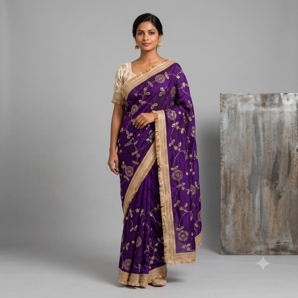 Space Sattin Multi Sequence Bits Work Saree with Contrast Blouse