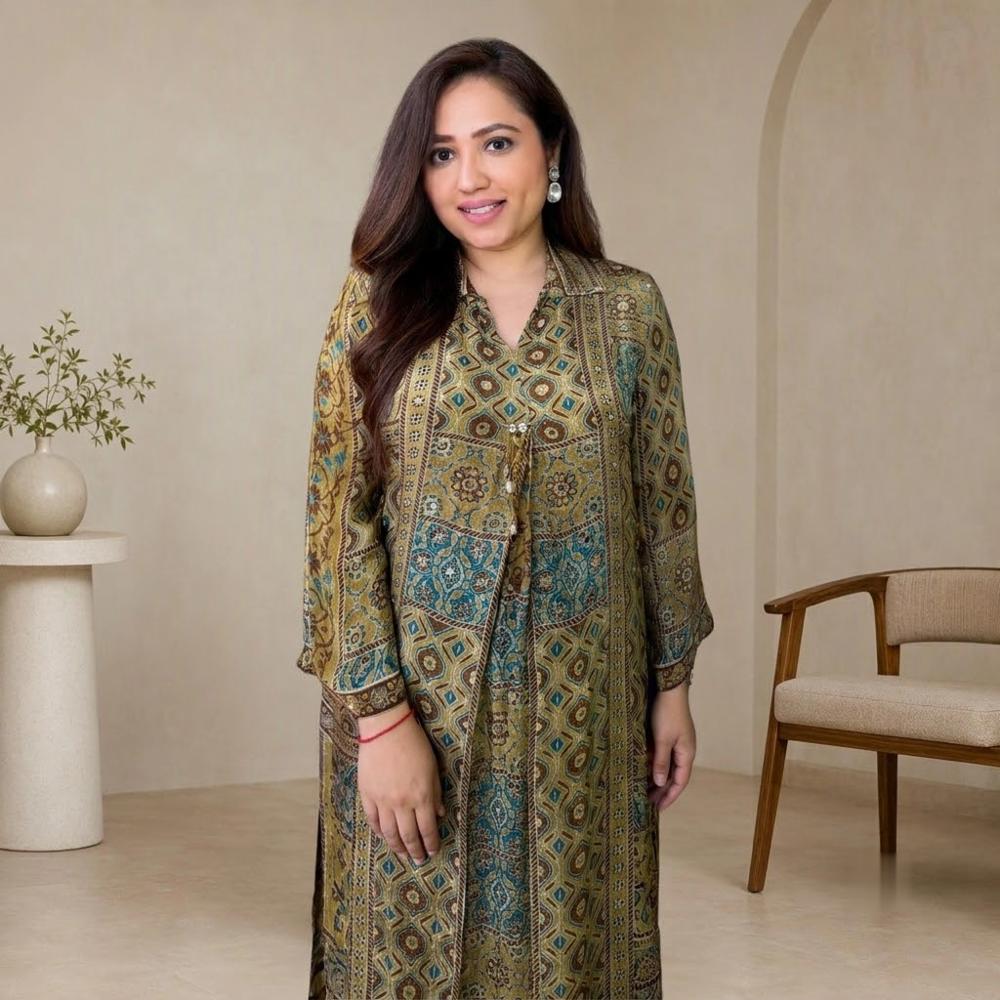 Ajrakh Print Frock Style Kurti & plazo with Mirror Work