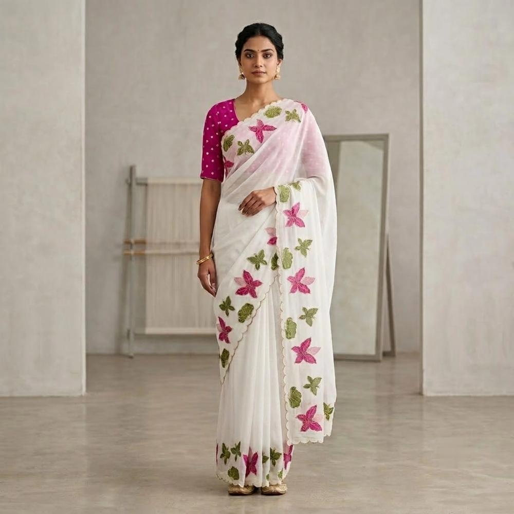 Soft Crunchy Chiffon Saree with Embroidery Work and Sequence Weaving Blouse