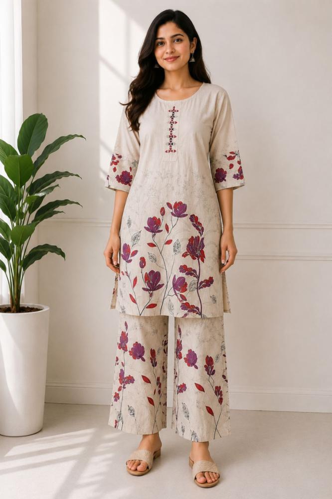 Women's Pure Cotton Floral Printed Co-Ord Set with Mirror Work