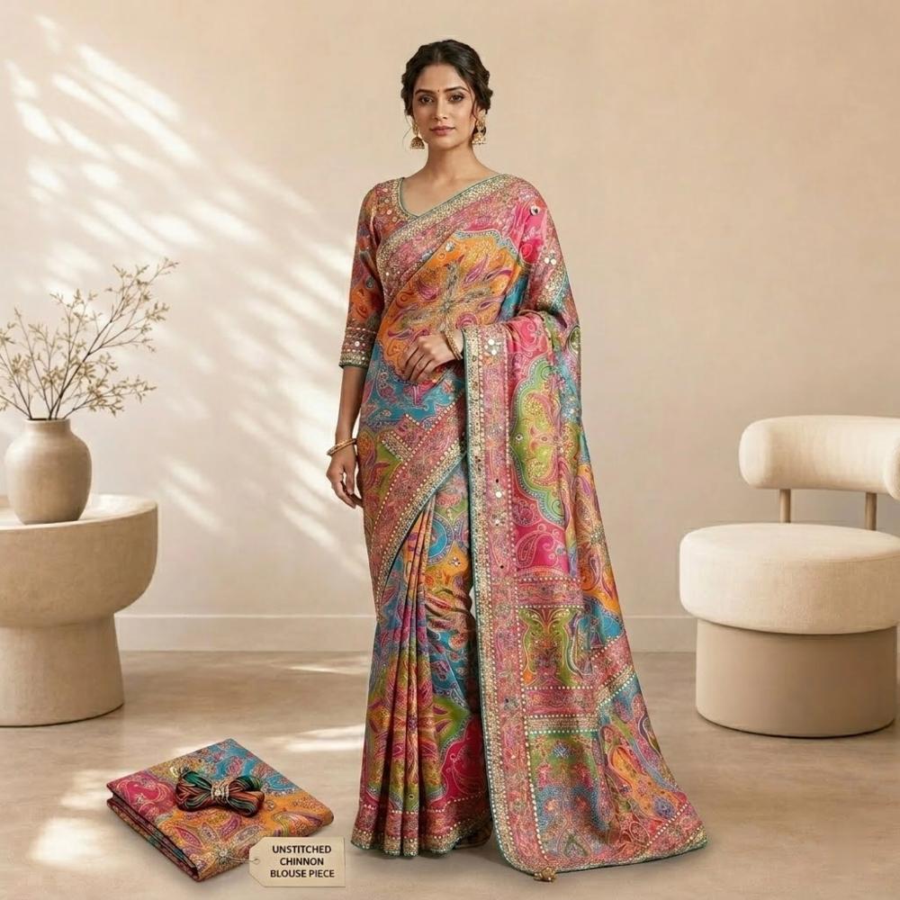 Chinnon Digital Print Saree with Aari and Mirror Work