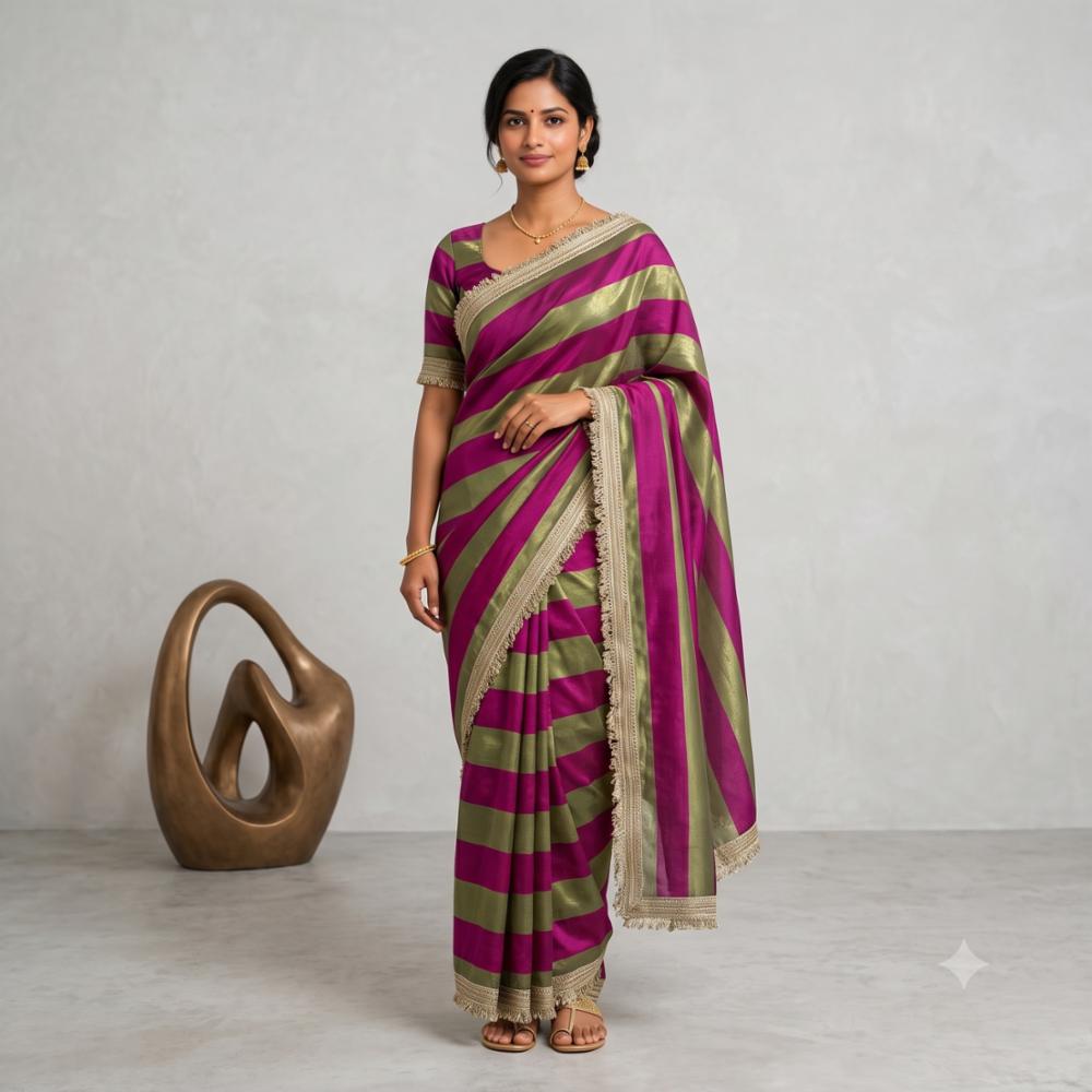 Space Silk 9 Patta Saree with Lace Border and Blouse