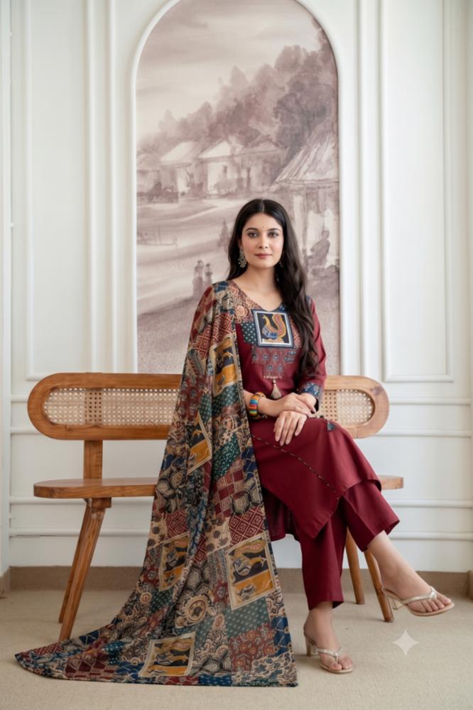 Kalamkari Print Suit Set with Dupatta