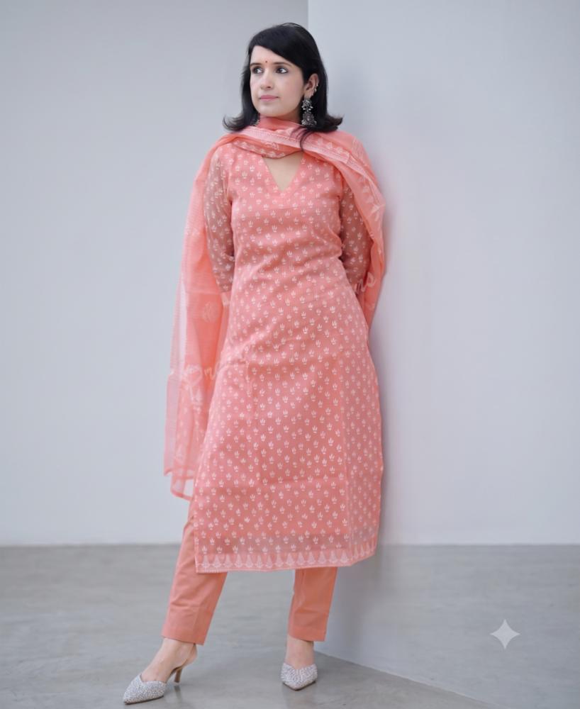 Kota Doriya Handblock Print Kurta Set with Dupatta