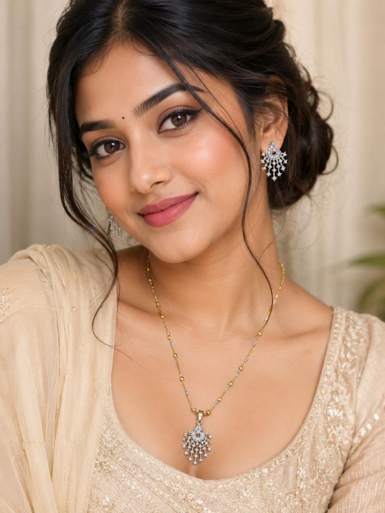 MANJU American Diamond Chain with Earrings, Gold Plated