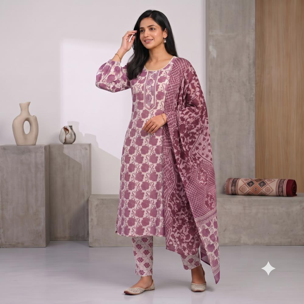 Pure Cotton Kurti Pant Dupatta Set with Light Embroidery Work
