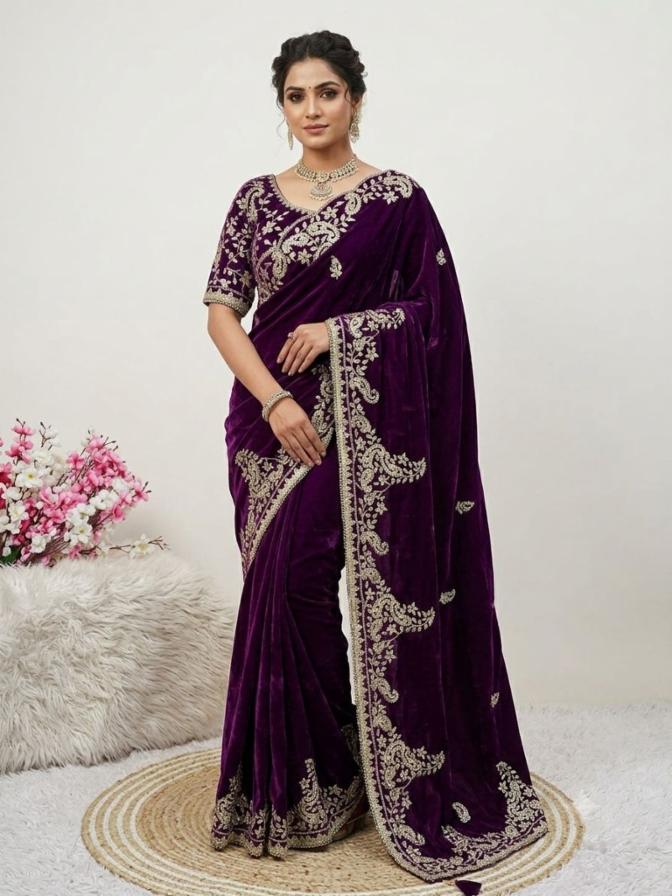 Fendy Sattin Embroidered Saree with Stitched Blouse