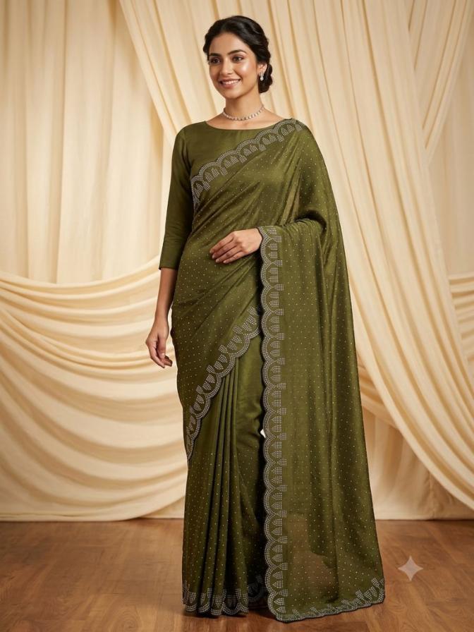 Dola Silk Siroski Diamond Work Saree with Unstitched Blouse