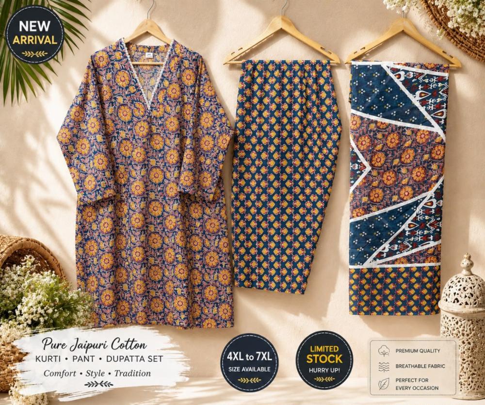 Jaipuri Cotton Plus Size Kurti Pant Dupatta Set