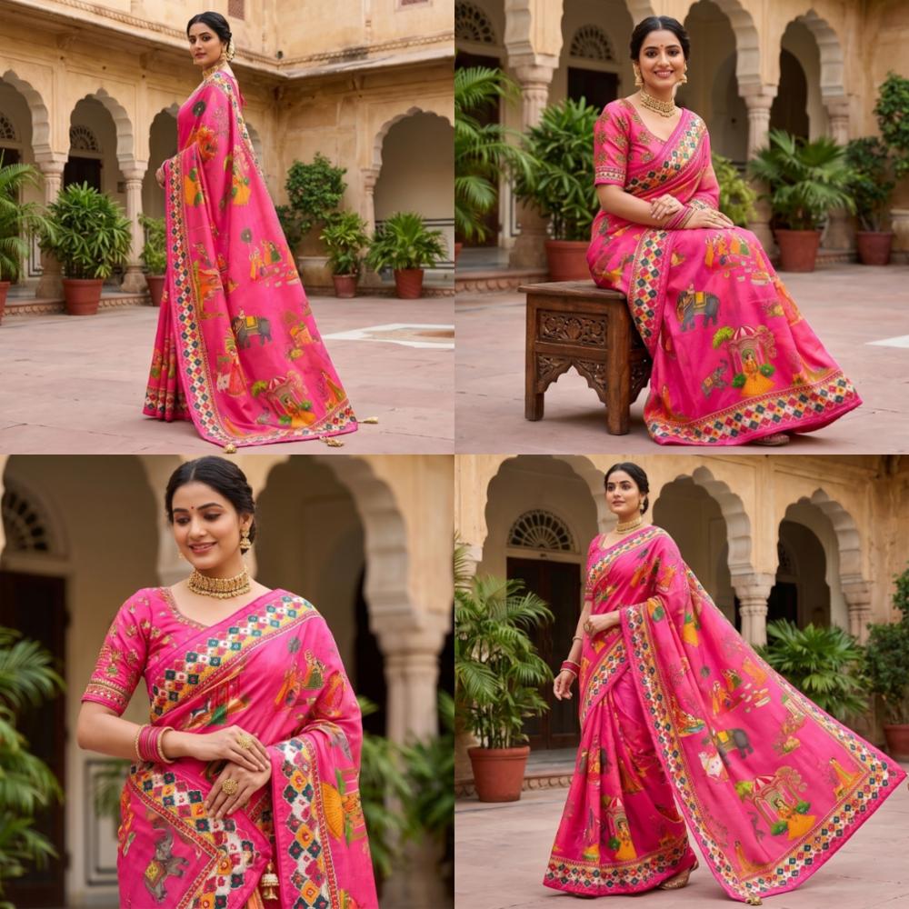 Soft Chinnon Saree with Print and Hand Work