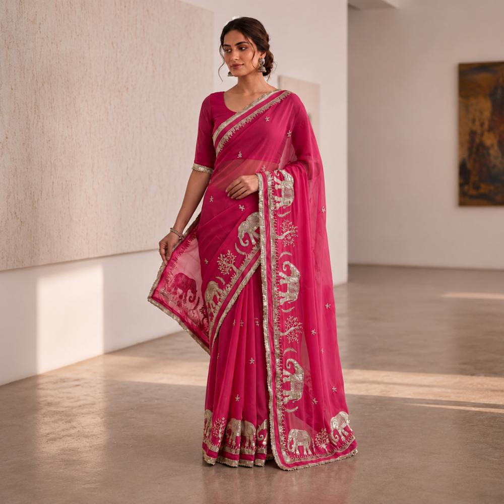 Georgette Saree Gota Patti Work with Fancy Lace Border