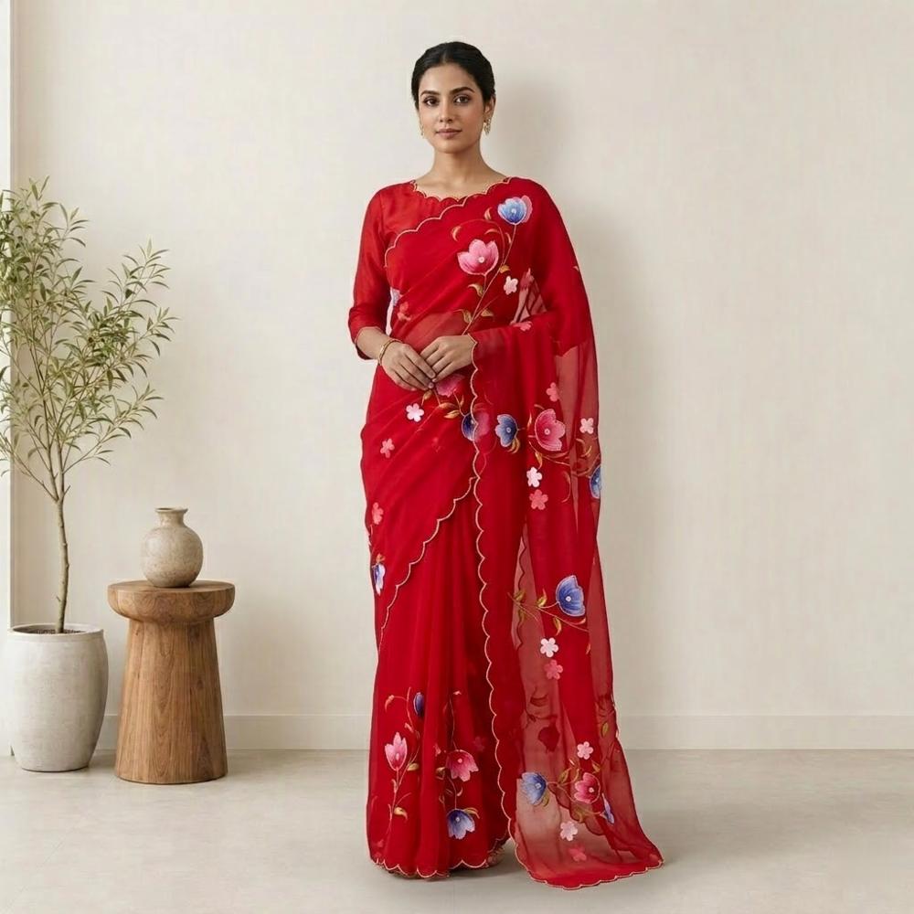 Handwork Saree with Handbrush Floral Design and Chiffon Blouse