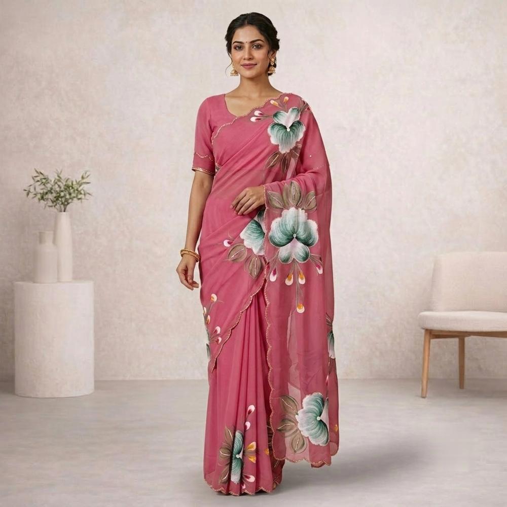 Pure Chiffon Saree With Digital Print Flower Work And Handwork Blouse