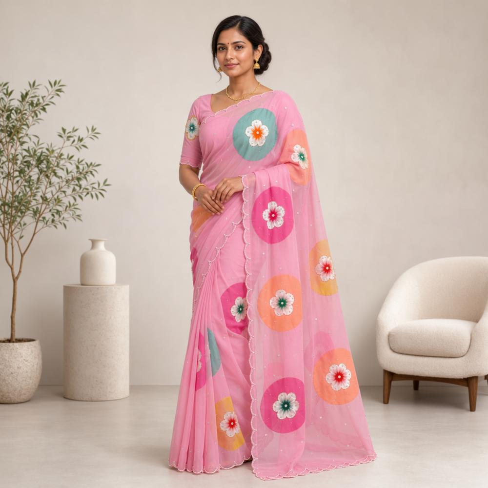Handwork Saree with Digital print flower Design